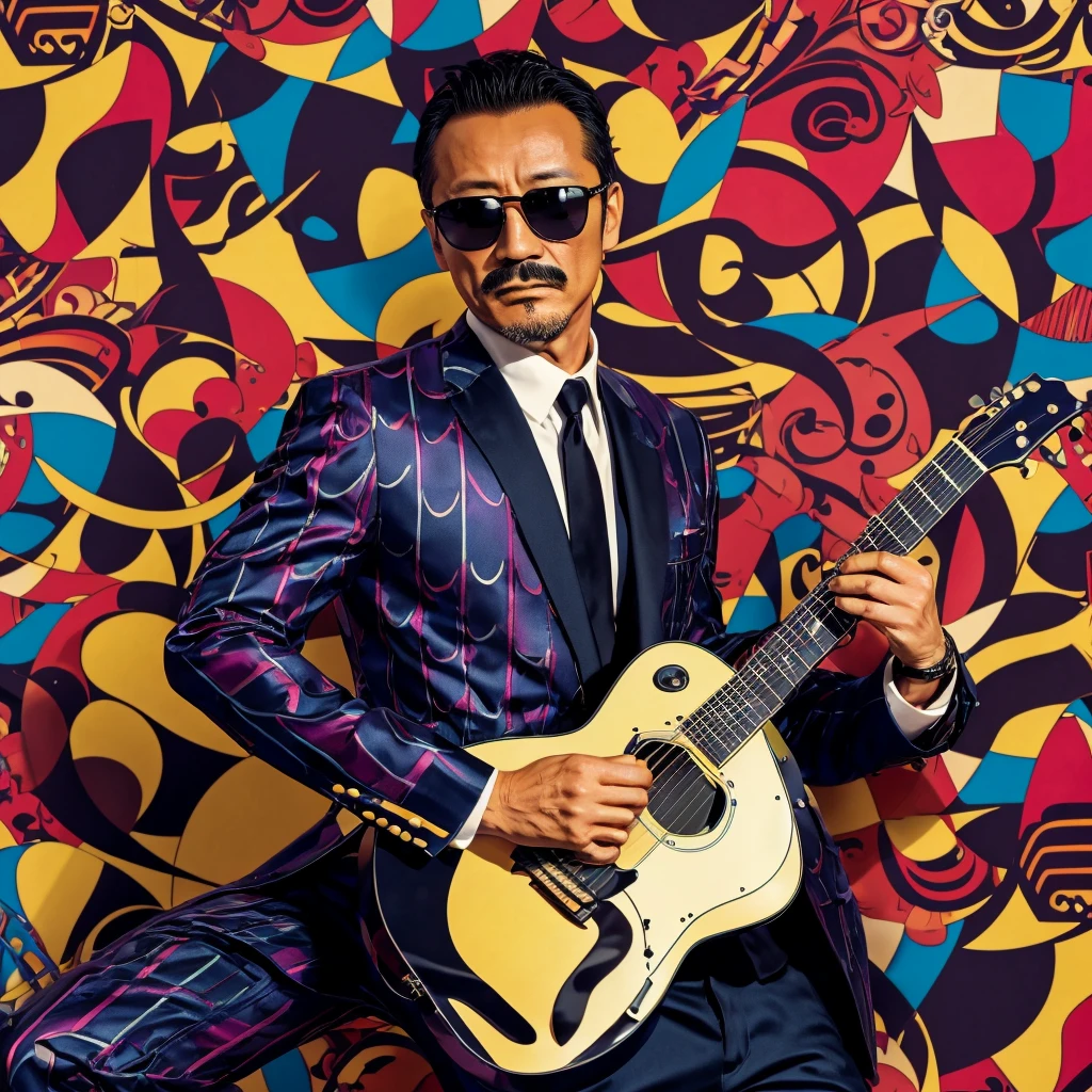 50 years old，Hidetoshi Nakata ，（Kogoro Mouri 1.3), tong, mustache，little beard, ray ban sunglasses, playing guitar, dark colourful pattern background, super detail, photography picture, wallpaper picture quality, masterpiece, high resolution, 4k hd, 8k hd, 16k hd