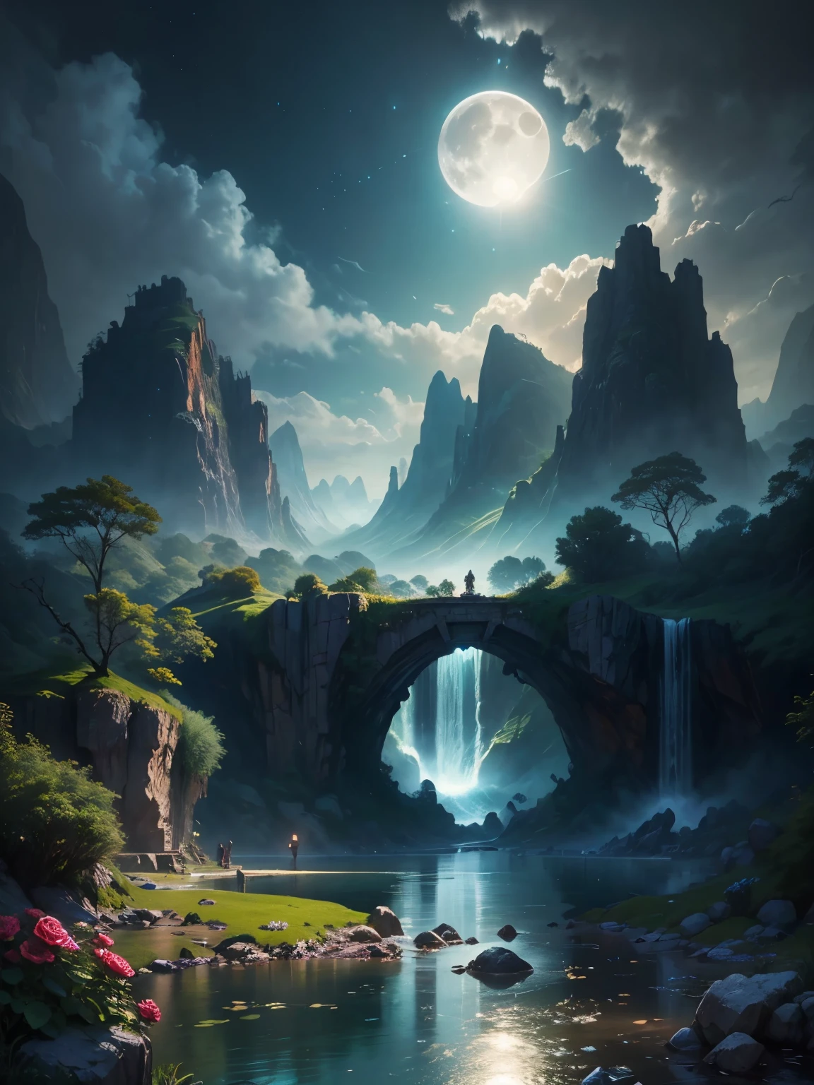 there is a large waterfall in the middle of a mountain, ancient city, epic matte painting of an island, the lost city of atlantis, an aztec city in a island lake, ancient city landscape, lost city of atlantis, marc simonetti. intricate, beautiful concept art, stunning concept art, highly realistic concept art, art style of marc simonetti, (((masterpiece))), best quality, high quality, extremely detailed CG unity 8k wallpaper, scenery, outdoors, sky, cloud, no people, mountain, landscape, water, tree, blue sky, waterfall, cliff, nature, lake, river, cloudy sky,award winning photography, Bokeh, Depth of Field, HDR, bloom, Chromatic Aberration ,Photorealistic,extremely detailed, trending on artstation, trending on CGsociety, Intricate, High Detail, dramatic, art by midjourney, tall waterfall, painting of a river with rocks and trees in the foreground, near a river, landscape, jungle, waterfall, crystal clear water, night light,((full moon)), colorful, river with rocks, rock bridge, epic, fantasy, ((roses and flowers on the banks of the pond)), ((oil painting)), moon landscape reflected in river, ((rock bridge))