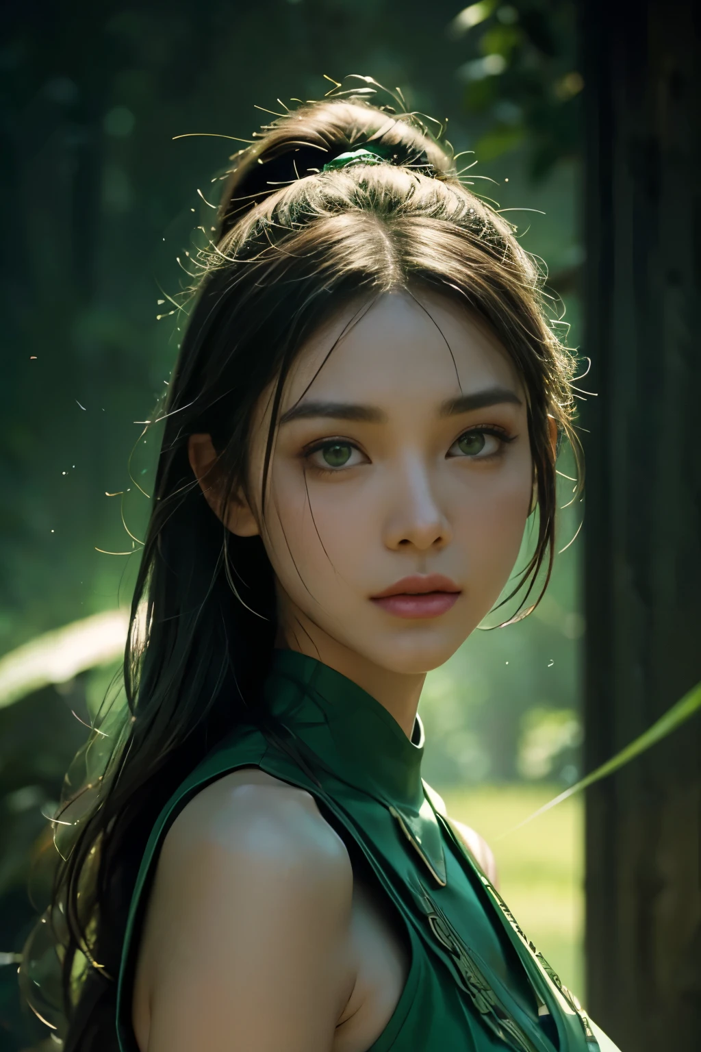 A portrait of beautifully stunning woman, fair skin, covered in calming green binary code with subtly striking green eyes. The binary's jade and olive tones speak of harmony, while the girl's silhouette stands as a serene symbol of soothing power, cinematic lighting, and dynamic composition.