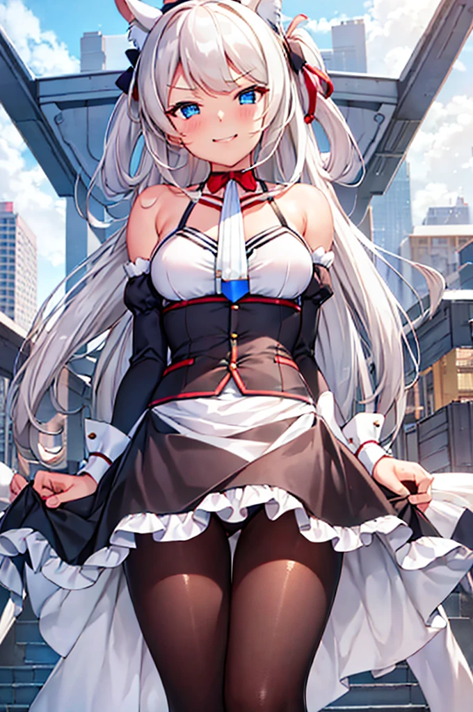 Hammann, 1girl, solo, long hair, looking at viewer, smile, breasts, city background, bare shoulders, teeth, closed mouth, portrait, skin tight outfit, maid outfit, short skirt, leggings seductive, realistic, best quality, masterpiece, ultra detail, ultra high res, extreme detail, 8k, uhd, detailed