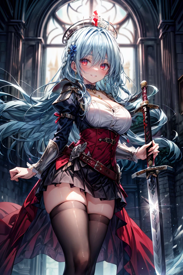 ((8K masterpiece,highest quality)), ultra high resolution, hyper detail, (1 girl), beautiful face, beautiful and delicate eyes,((red eyes)),Big eyes,shining eyes of light,Thin and long eyelashes,detailed light,((blue hair)),((long hair)),((straight hair)),big breasts,(very large thighs),thin waist,blush,(grinning smile),troubled face,(please open your mouth wide),(royal swordsman),(((Hold Sword))),silver holy armor,sacred belt around the waist,sapphire crown,gold necklace,sapphire earrings,silver hair ornament,white knee socks,scattered treasures,ambition,(royal family of darkness),(Inside the castle),action pose,motion blur,Depth of written boundary,spectacular panoramic view,Angle from the side