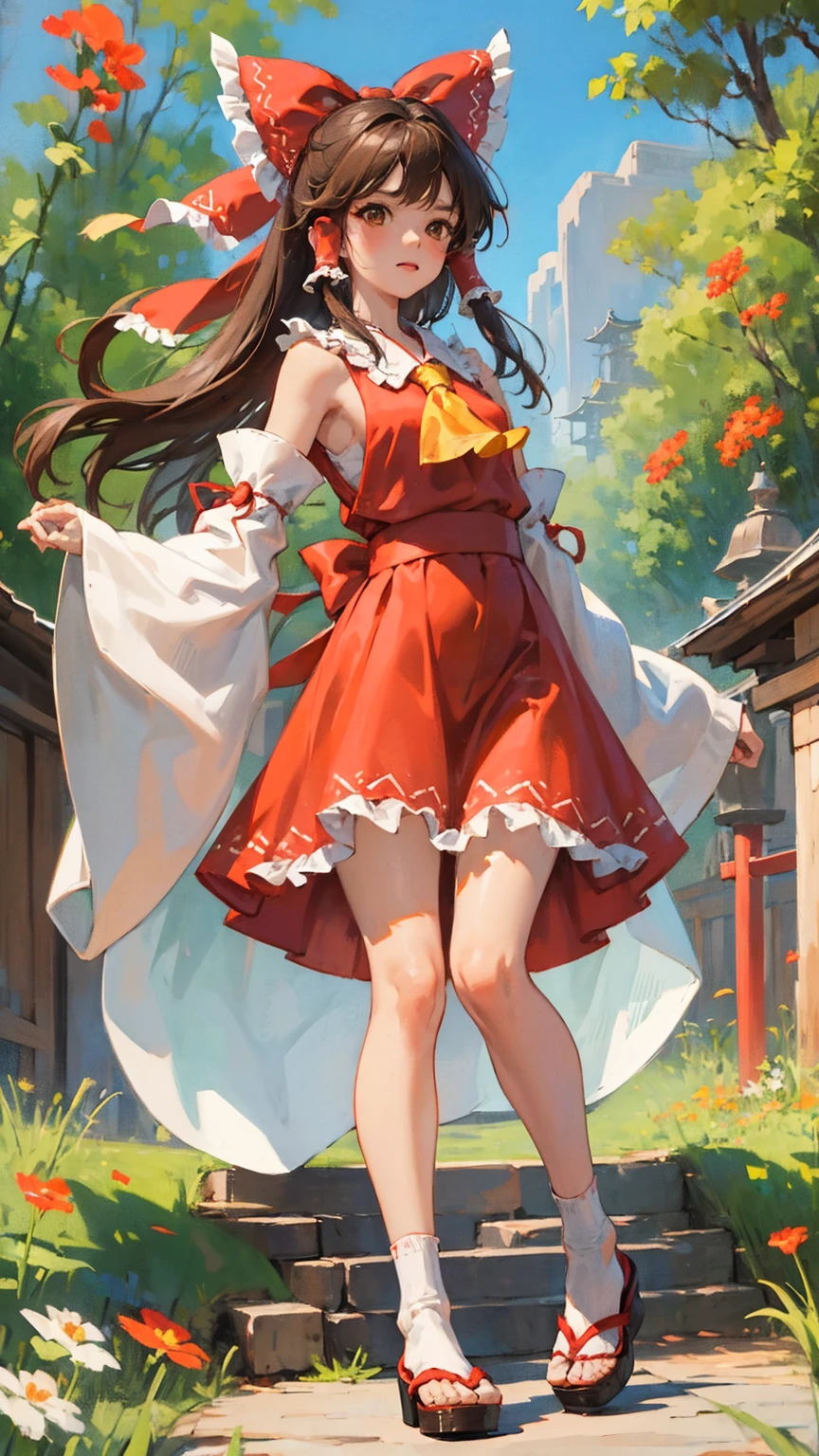 reimu hakurei, (brown eyes:1.5), brown hair, bow, hair bow, hair tubes, long hair, red bow, sidelocks, ascot, bare shoulders, black footwear, detached sleeves, embellished costume, frills, japanese clothes, nontraditional miko, red skirt, sandals, sarashi, skirt, socks, white sleeves, white socks, wide sleeves, yellow ascot, zouri, (((sexy micro red skirt))) "Capture the mystical essence of Reimu Hakurei with an image that reflects her impressive purification and sealing abilities, as well as her unique connection to the power of the gods. Create a visual representation that conveys the spiritual strength and sacred prowess of this Hakurei Temple miko in the captivating world of Gensokyo!"