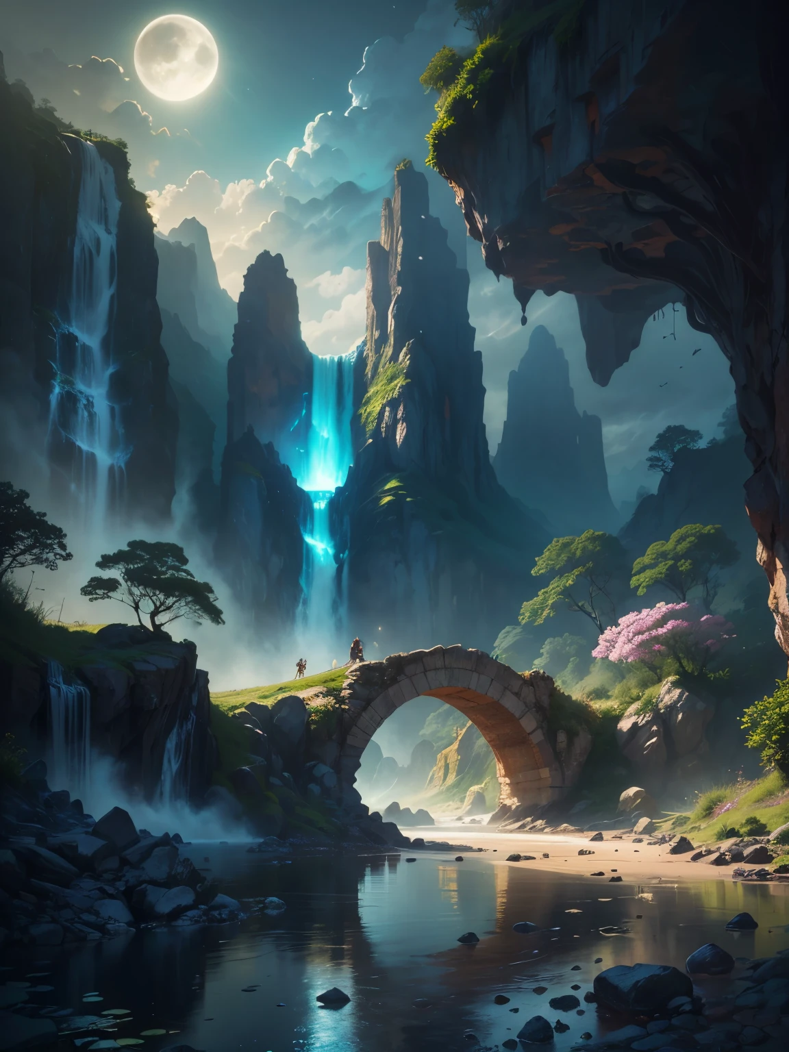 there is a large waterfall in the middle of a mountain, ancient city, epic matte painting of an island, the lost city of atlantis, an aztec city in a island lake, ancient city landscape, lost city of atlantis, marc simonetti. intricate, beautiful concept art, stunning concept art, highly realistic concept art, art style of marc simonetti, (((masterpiece))), best quality, high quality, extremely detailed CG unity 8k wallpaper, scenery, outdoors, sky, cloud, no people, mountain, landscape, water, tree, blue sky, waterfall, cliff, nature, lake, river, cloudy sky,award winning photography, Bokeh, Depth of Field, HDR, bloom, Chromatic Aberration ,Photorealistic,extremely detailed, trending on artstation, trending on CGsociety, Intricate, High Detail, dramatic, art by midjourney, tall waterfall, painting of a river with rocks and trees in the foreground, near a river, landscape, jungle, waterfall, crystal clear water, night light,((full moon)), colorful, river with rocks, rock bridge, epic, fantasy, ((roses and flowers on the banks of the pond)), ((oil painting)), moon landscape reflected in river, ((rock bridge))