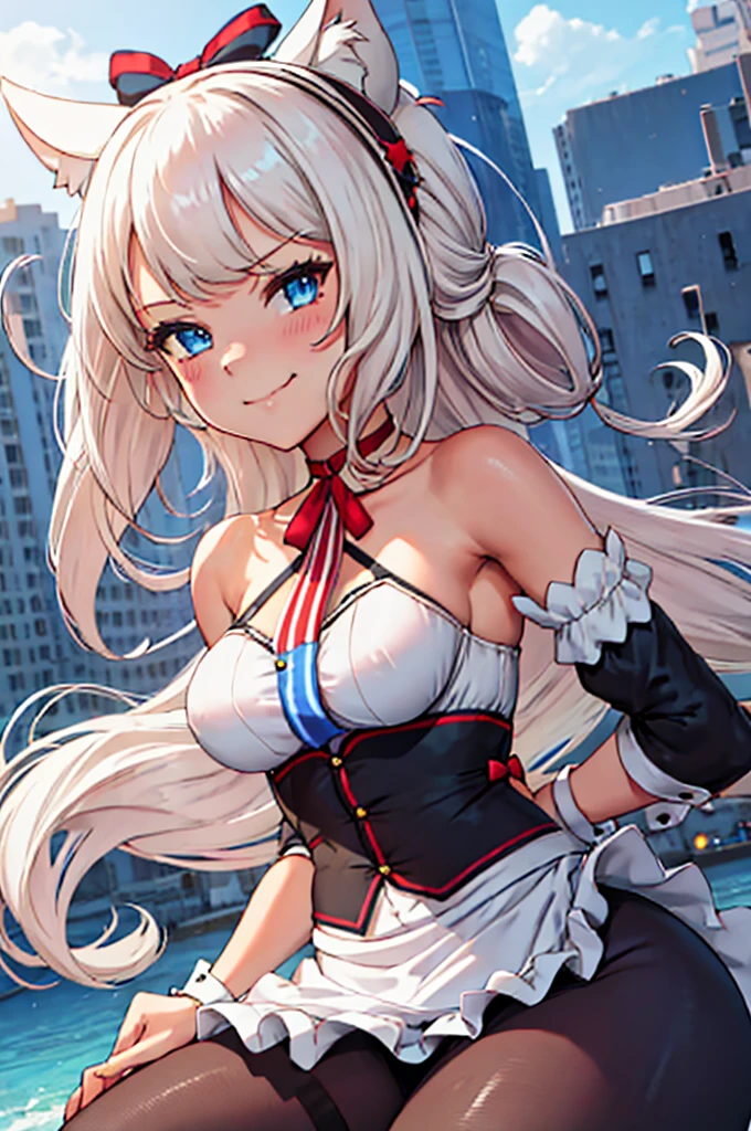 Hammann, 1girl, solo, long hair, looking at viewer, fake animal ears, smile, breasts, city background, bare shoulders, closed mouth, portrait, skin tight outfit, maid outfit, short skirt, leggings seductive, realistic, best quality, masterpiece, ultra detail, ultra high res, extreme detail, 8k, uhd, detailed