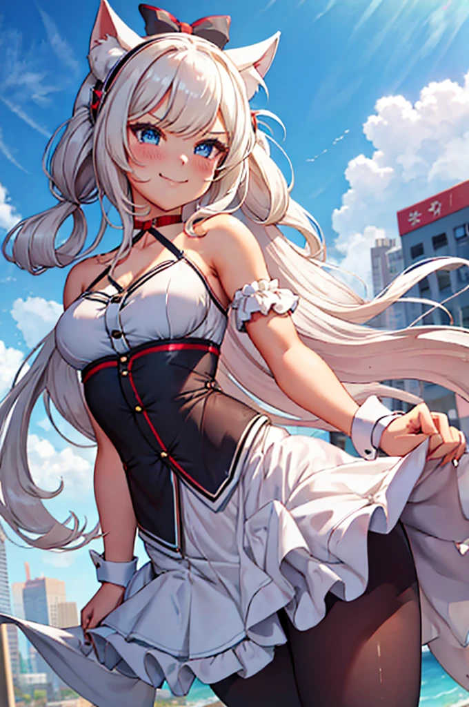 Hammann, 1girl, solo, long hair, looking at viewer, fake animal ears, smile, breasts, city background, bare shoulders, closed mouth, portrait, skin tight outfit, maid outfit, short skirt, leggings seductive, realistic, best quality, masterpiece, ultra detail, ultra high res, extreme detail, 8k, uhd, detailed