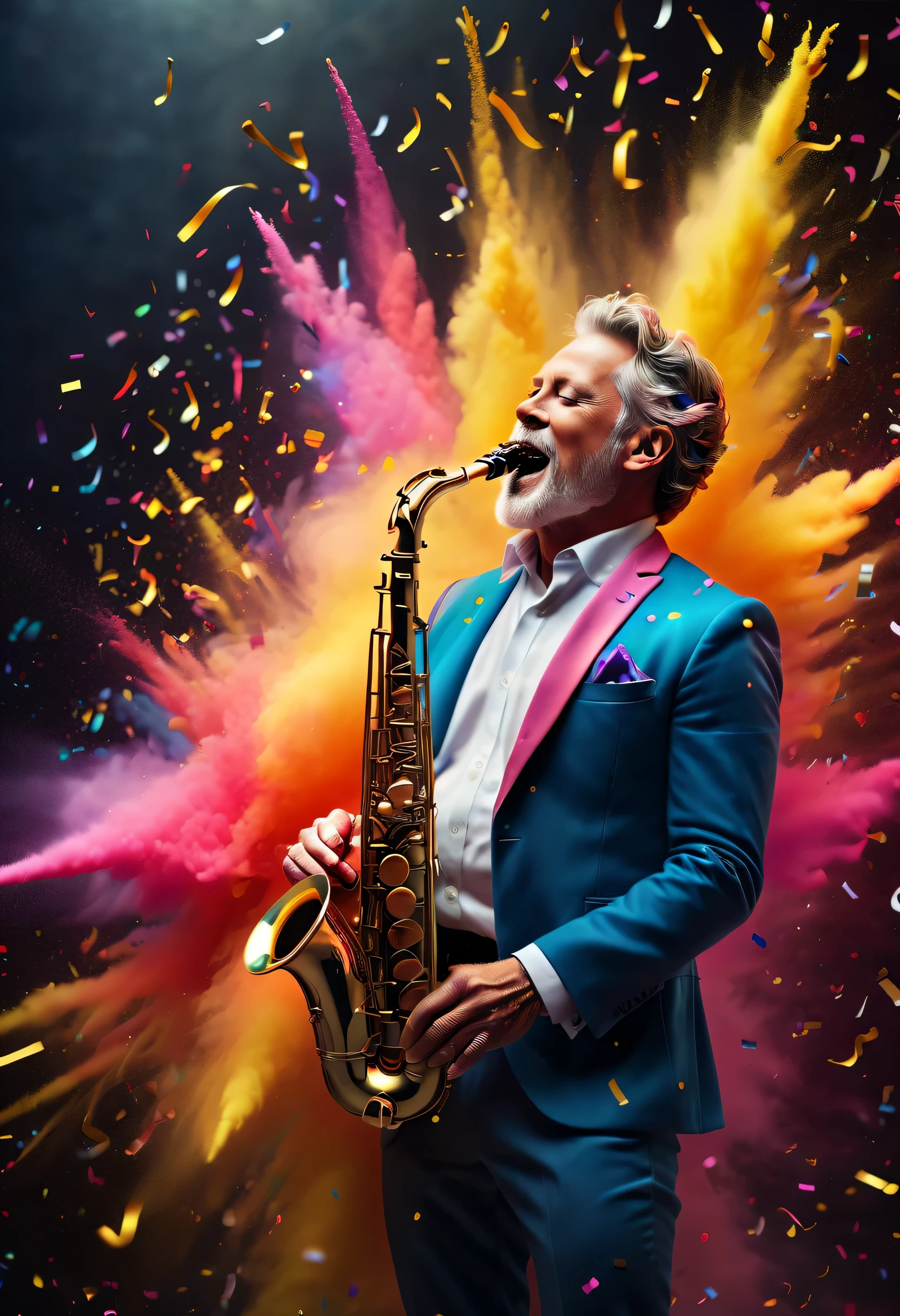 (best picture quality，4K,8k，HD，masterpiece:1.2)，super detailed，(lifelike，lifelike，lifelike:1.37)。Creative wallpaper design，extremely beautiful，Confetti explodes like fireworks，（（（the elder，play saxophone，Colorful confetti erupts from the saxophone，Dance to the music melody）））Energetic movement，Dynamic and powerful abstract art，rich and colorful，Vivid rainbow hues，Joyful and lively atmosphere，Bright orange，pink，Whimsical and dreamy，dark background