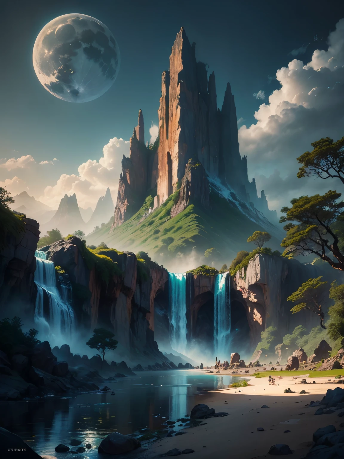 there is a large waterfall in the middle of a mountain, ancient city, epic matte painting of an island, the lost city of atlantis, an aztec city in a island lake, ancient city landscape, lost city of atlantis, marc simonetti. intricate, beautiful concept art, stunning concept art, highly realistic concept art, art style of marc simonetti, (((masterpiece))), best quality, high quality, extremely detailed CG unity 8k wallpaper, scenery, outdoors, sky, cloud, no people, mountain, landscape, water, tree, blue sky, waterfall, cliff, nature, lake, river, cloudy sky,award winning photography, Bokeh, Depth of Field, HDR, bloom, Chromatic Aberration ,Photorealistic,extremely detailed, trending on artstation, trending on CGsociety, Intricate, High Detail, dramatic, art by midjourney, tall waterfall, painting of a river with rocks and trees in the foreground, near a river, landscape, jungle, waterfall, crystal clear water, night light,((full moon)), colorful, river with rocks, rock bridge, epic, fantasy, ((roses and flowers on the banks of the pond)), ((oil painting)), moon landscape reflected in river, ((rock bridge))