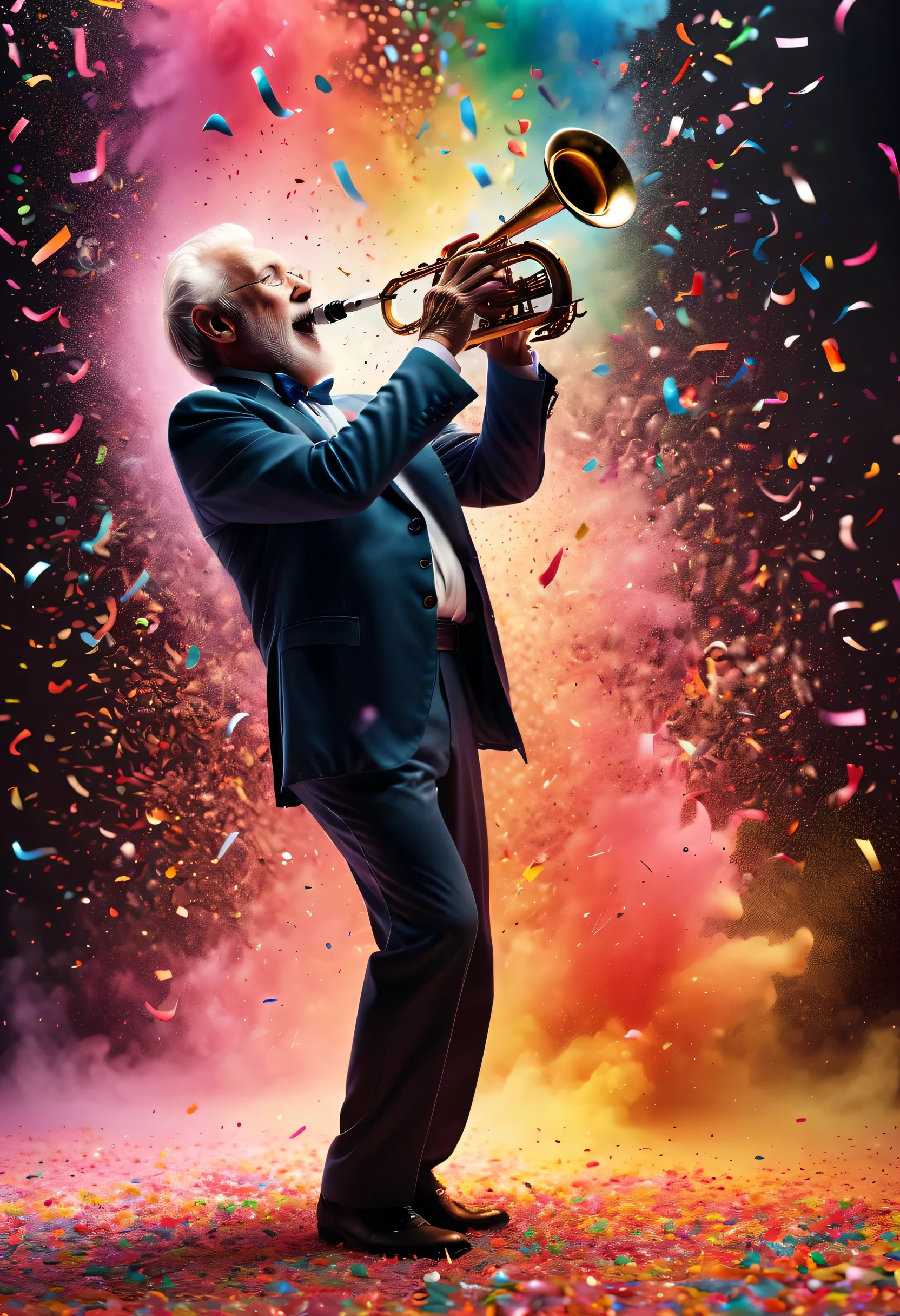 (best picture quality，4K,8k，HD，masterpiece:1.2)，super detailed，(lifelike，lifelike，lifelike:1.37)。Creative wallpaper design，extremely beautiful，Confetti explodes like fireworks，（（（Old man in the distance，play saxophone，Colorful confetti erupts from the saxophone，Dance to the music melody）））Energetic movement，Dynamic and powerful abstract art，rich and colorful，Vivid rainbow hues，Joyful and lively atmosphere，Bright orange，pink，Whimsical and dreamy，dark background