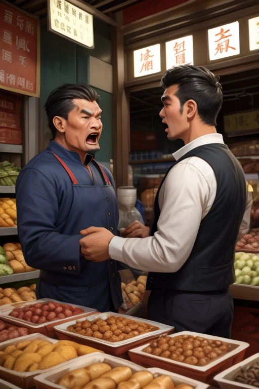 Dois homens discutem，Uma discussão muito acalorada no mercado de peixe，Não havia ninguém ao lado dele，homem chinês tradicional，muito bravo