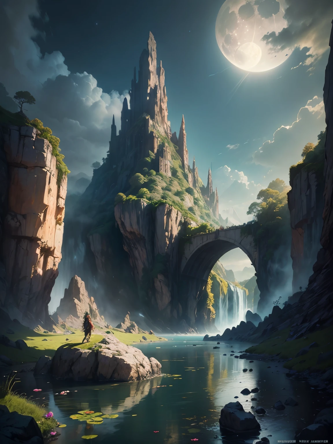 there is a large waterfall in the middle of a mountain, ancient city, epic matte painting of an island, the lost city of atlantis, an aztec city in a island lake, ancient city landscape, lost city of atlantis, marc simonetti. intricate, beautiful concept art, stunning concept art, highly realistic concept art, art style of marc simonetti, (((masterpiece))), best quality, high quality, extremely detailed CG unity 8k wallpaper, scenery, outdoors, sky, cloud, no people, mountain, landscape, water, tree, blue sky, waterfall, cliff, nature, lake, river, cloudy sky,award winning photography, Bokeh, Depth of Field, HDR, bloom, Chromatic Aberration ,Photorealistic,extremely detailed, trending on artstation, trending on CGsociety, Intricate, High Detail, dramatic, art by midjourney, tall waterfall, painting of a river with rocks and trees in the foreground, near a river, landscape, jungle, waterfall, crystal clear water, night light,((full moon)), colorful, river with rocks, rock bridge, epic, fantasy, ((roses and flowers on the banks of the pond)), ((oil painting)), moon landscape reflected in river, ((rock bridge))