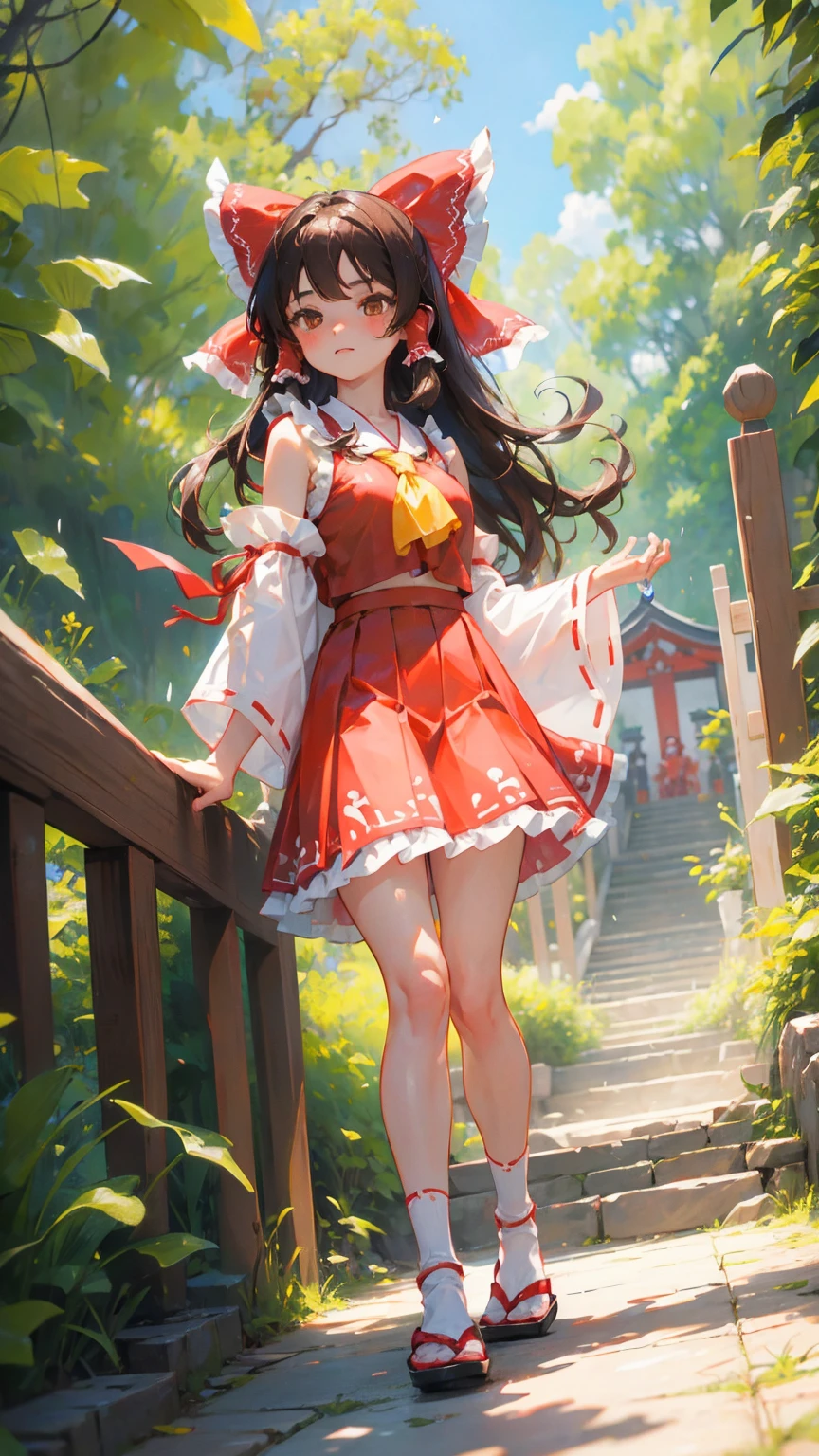 reimu hakurei, (brown eyes:1.5), brown hair, bow, hair bow, hair tubes, long hair, red bow, sidelocks, ascot, bare shoulders, black footwear, detached sleeves, embellished costume, frills, japanese clothes, nontraditional miko, red skirt, sandals, sarashi, skirt, socks, white sleeves, white socks, wide sleeves, yellow ascot, zouri, (((sexy micro red skirt))) "Capture the mystical essence of Reimu Hakurei with an image that reflects her impressive purification and sealing abilities, as well as her unique connection to the power of the gods. Create a visual representation that conveys the spiritual strength and sacred prowess of this Hakurei Temple miko in the captivating world of Gensokyo!"