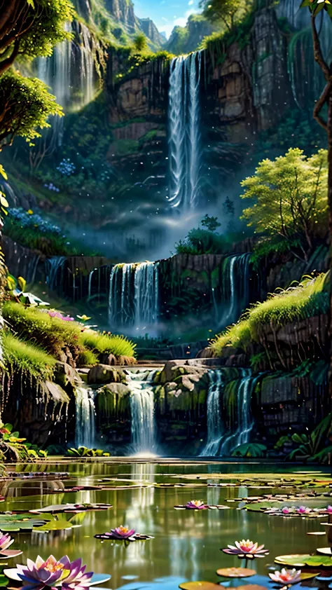 painting of a waterfall with water lilies and a waterfall in the background, flowers and waterfalls, kenton nelson, beautiful di...