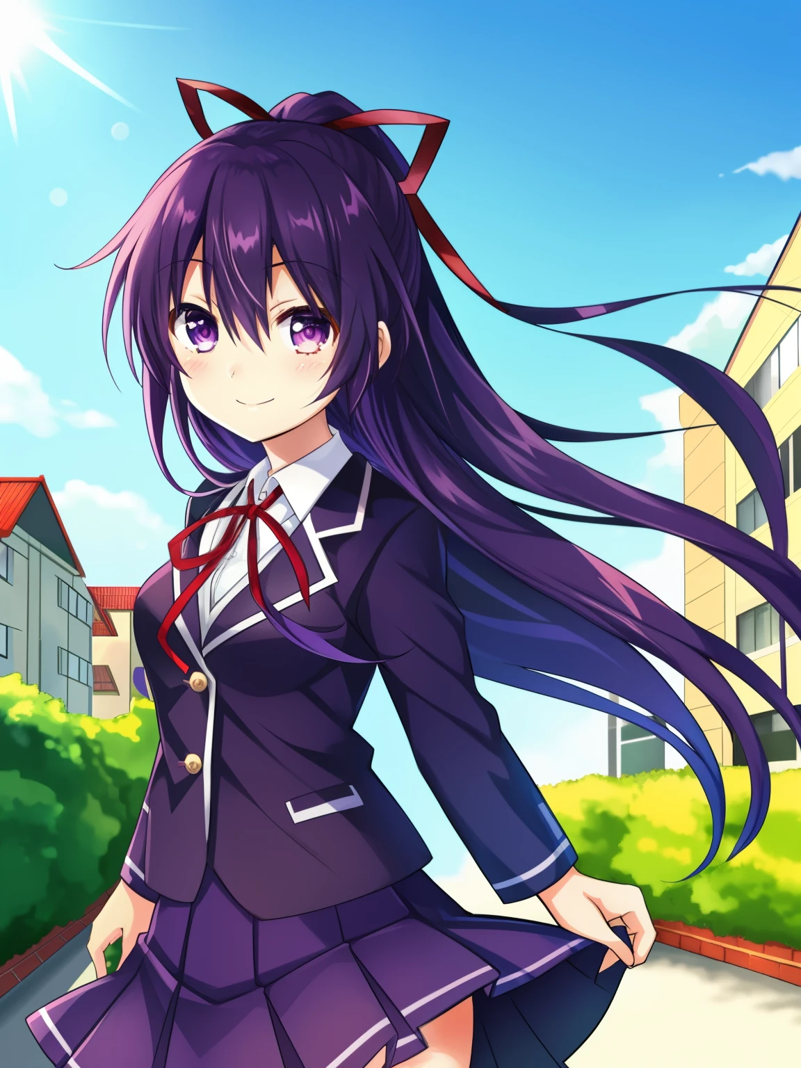 calidad ultra alta, yatogami tohka, 1 chica, solo, dark plum hair, indigo eyes, cara bonita, pelo largo, cola de caballo, listón rojo, sonrisa ligera, Ojos abiertos, ojos detallados, hermosa chica, Uniforme escolar, uniforme negro, mañana, viento, calle