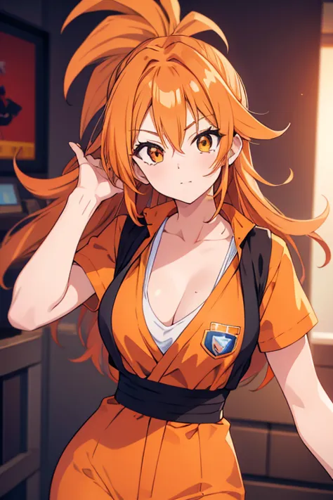 A beautiful woman with orange hair wearing the Goku costume