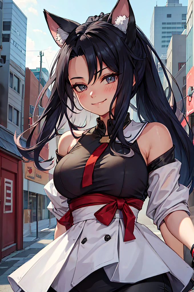 Shigure, 1girl, solo, long hair, looking at viewer, fake animal ears, smile, breasts, city background, bare shoulders, closed mouth, portrait, skin tight outfit, casual, short skirt, leggings seductive, realistic, (best quality), (masterpiece), ultra detail, (ultra high res), extreme detail, 8k, uhd, detailed