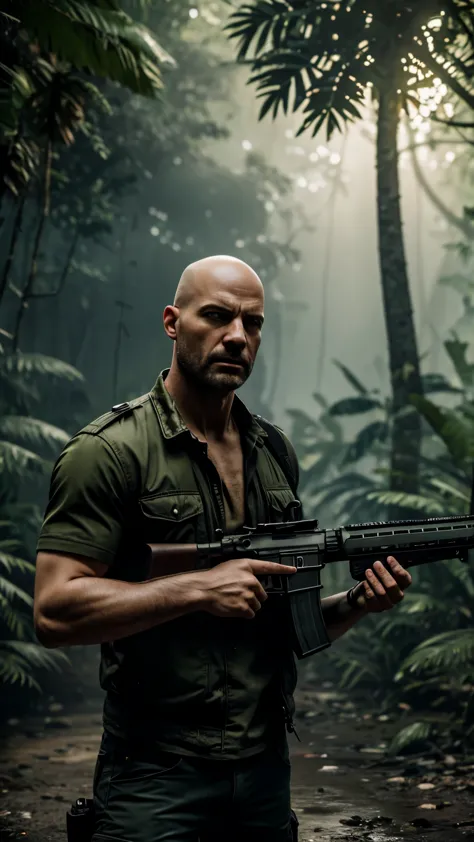 Create a 16K Render of bald Max Payne firing a m4 assault rifle at enemies in Max Payne 3. Set in the jungle in Sao Paolo. Add m...