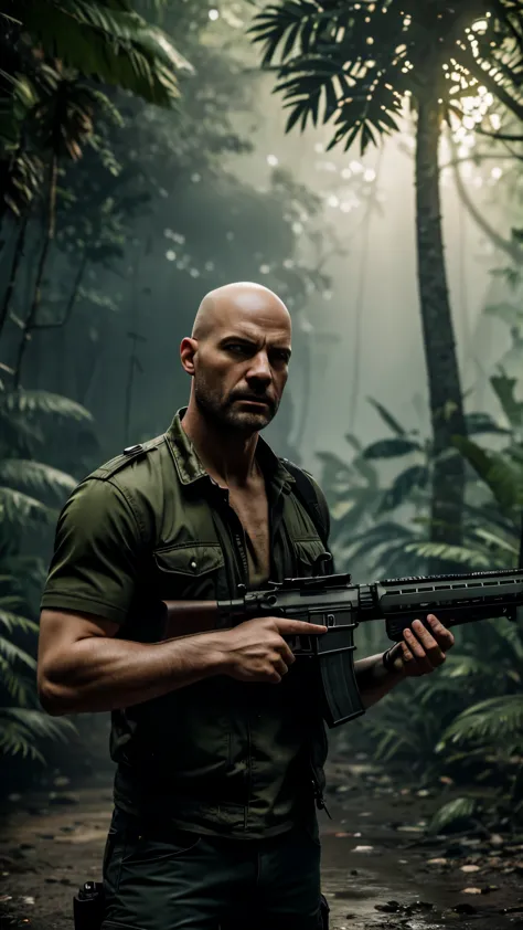 create a 16k render of bald max payne firing a m4 assault rifle at enemies in max payne 3. set in the jungle in sao paolo. add m...