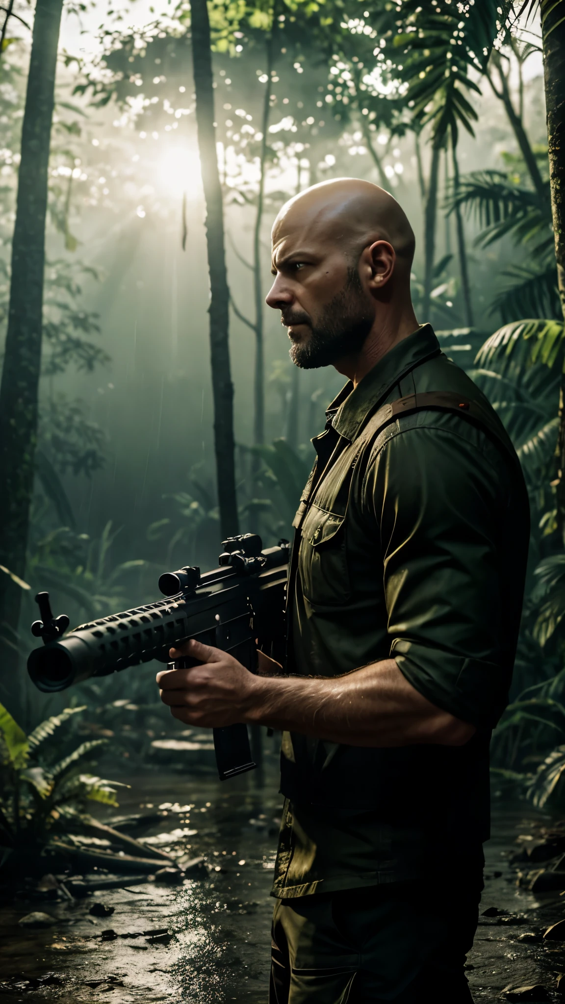 Create a 16K Render of bald Max Payne firing a m4 assault rifle at enemies in Max Payne 3. Set in the jungle in Sao Paolo. Add muzzle fire and slight lens flare. Photorealistic, extremely detailed add rain and reflections and blood stains. Make it dramatic and epic. Add wild trees and wildlife to the image. DSLR Effect. Kodak Film filter. Noise and film grain.