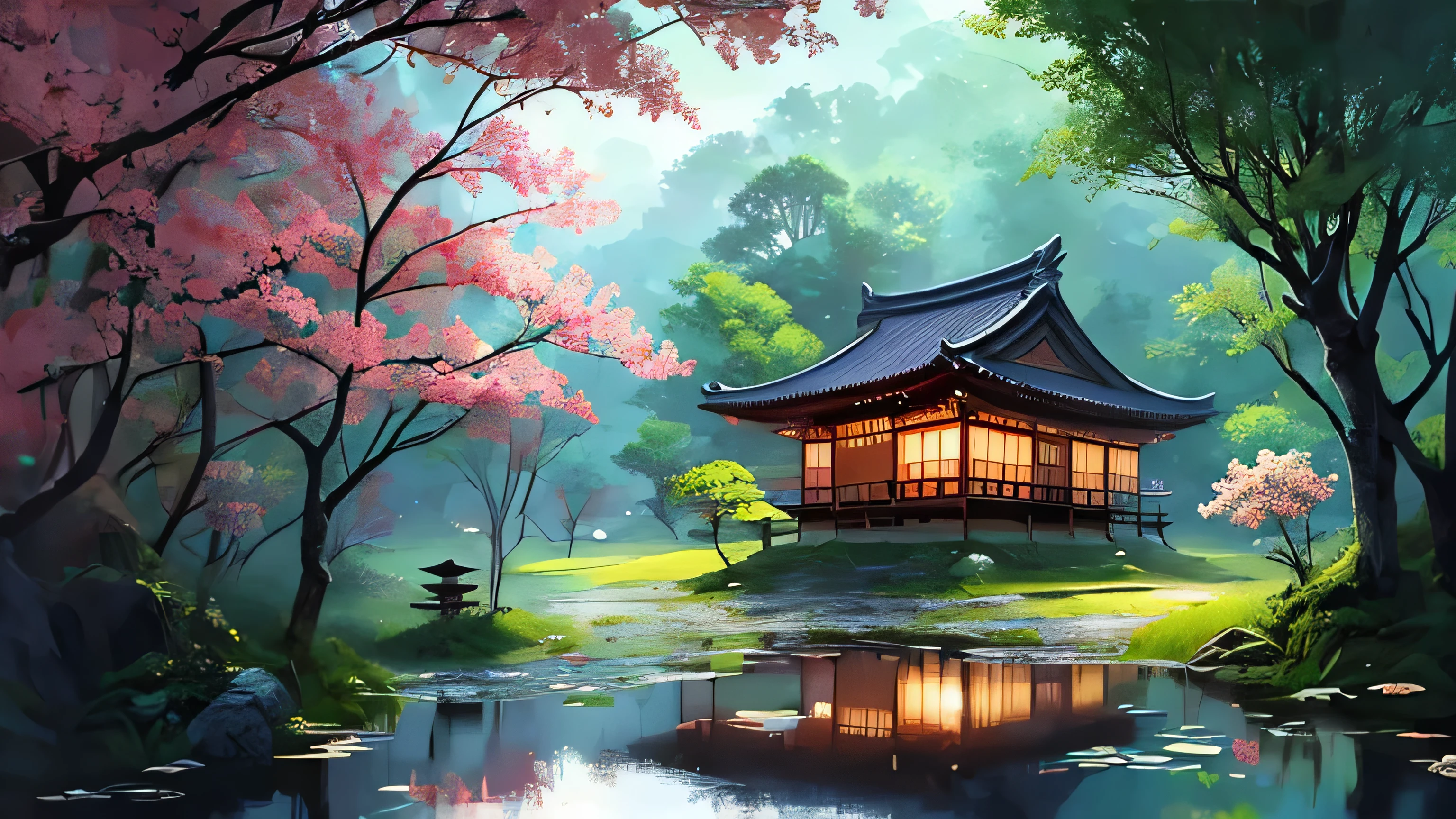 painting of a japanese house in a forest with a pond, beautiful digital artwork, andreas rocha style, inspired by Andreas Rocha, beautiful digital painting, digital painting of a pagoda, by Yang J, zen temple background, stunning digital painting, gorgeous digital painting, very beautiful digital art, a beautiful artwork illustration, quiet and serene atmosphere, japanese art style, serene illustration