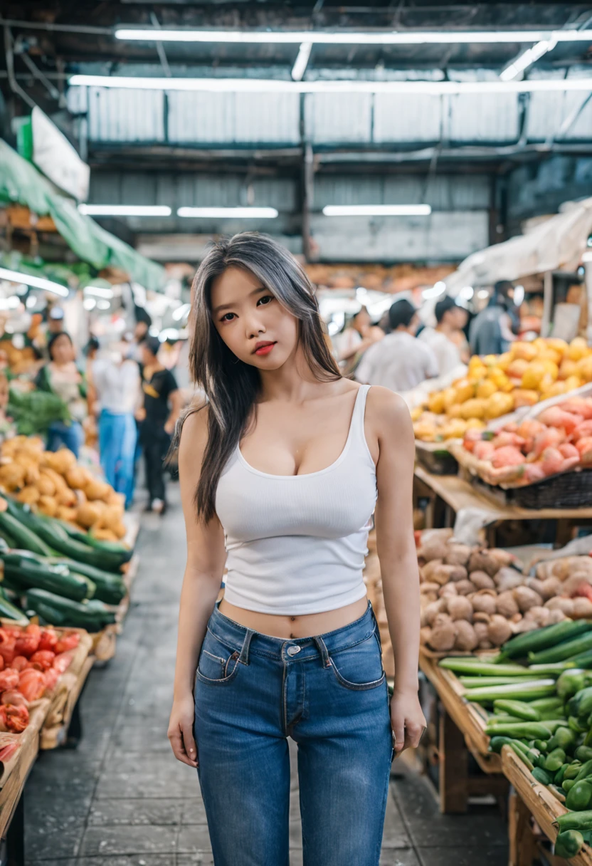 Menina asiática, adolescente, cabelo grisalho, cabelo longo, Regata branca, jeans ,com detalhes, seios grandes ,Expor ,Posição no mercado ,Manhã no Japão parece sexy, Foto de corpo inteiro com câmera dslr super35, hd 36k , Ajuste automático de luz, 