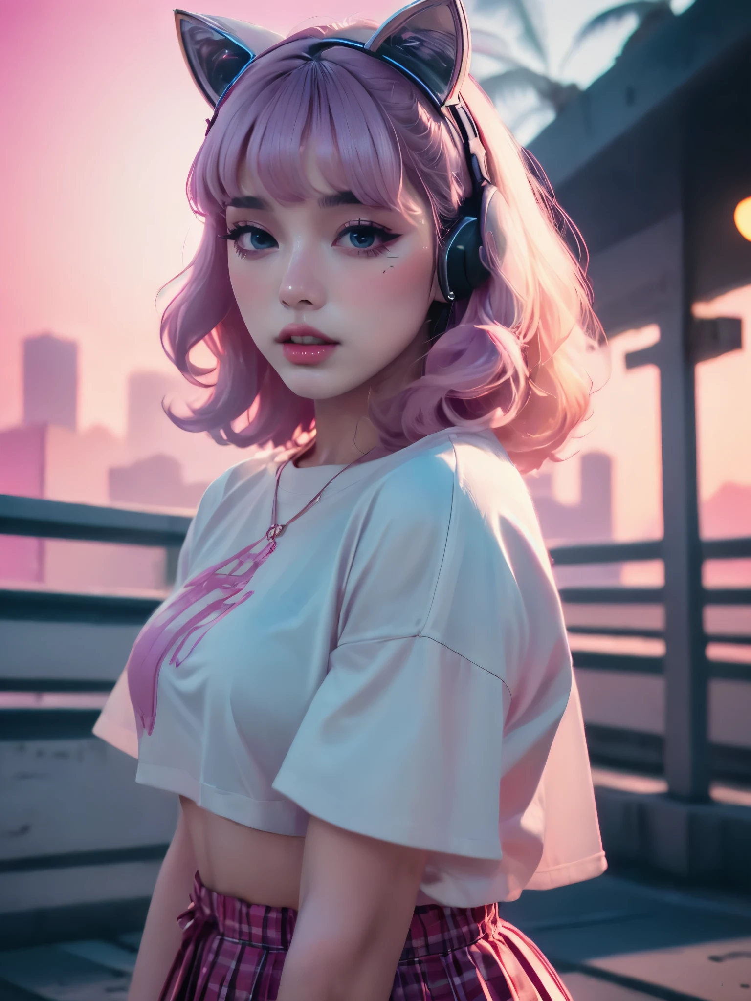 (best quality,4k,8k,highres,masterpiece:1.2),ultra-detailed,(realistic,photorealistic,photo-realistic:1.37),Vaporwave Aesthetic, a school girl, singing,dreamy,neon colors,pastel shades,retro vibes,lo-fi music,sparkling lights,aesthetic background,soft focus,futuristic atmosphere,80s pop music vibes,japanese text,glitch art,vintage computer graphics,flower crown,pleated skirt,detailed facial features,beautiful detailed eyes,beautiful detailed lips,long eyelashes,holographic microphone,pink hair,playful expression,confident pose,vibrant colors,animated background,digital art,ethereal scenery,wavy hair,peaceful serenity,magical aura,gradient sunset,loose curls,groovy beats