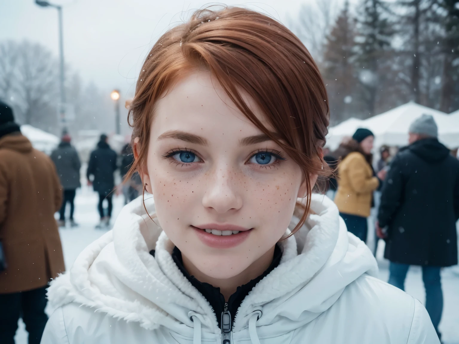 feminine figure, redhead, freckles, best quality, realistic skin texture, photography, detailed facial features, film grain texture and high contrast, extremely high-resolution details, photographic, photorealistic, hyper-realistic, HDR, masterpiece, short hair, blue eyes, highly detailed eyes, eyes aligned, laughing, having fun, at outside skating park, selfie, coat, snowing a lot, fog, snow in hair, people skating in background