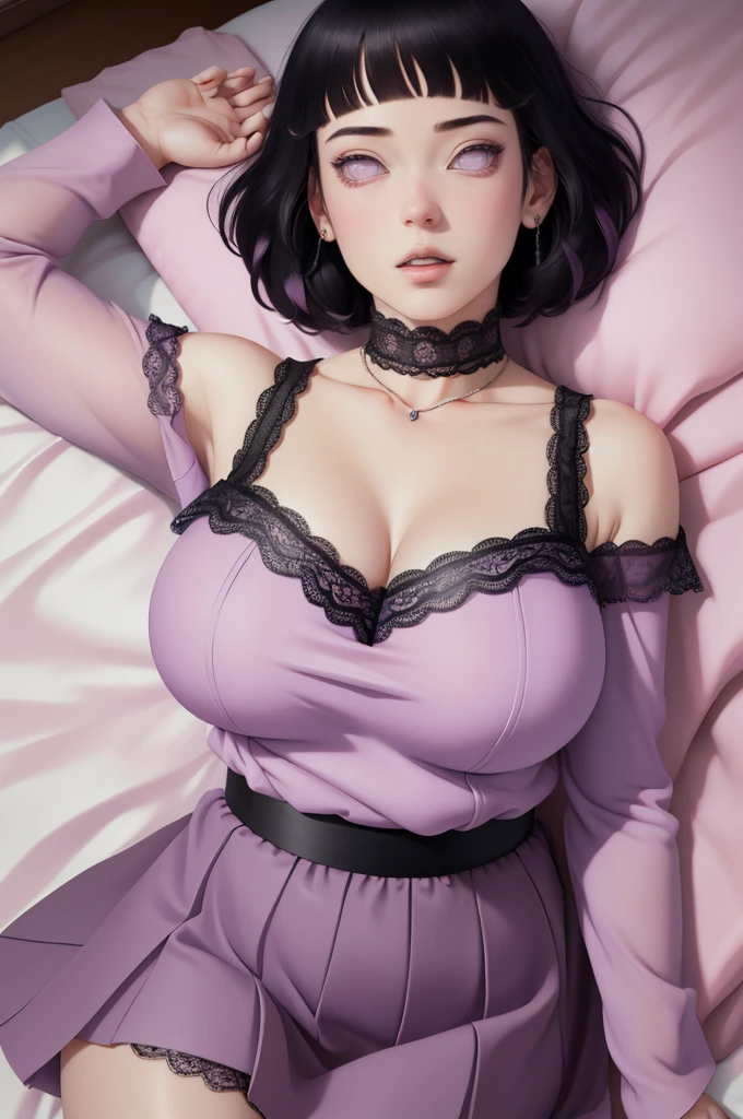 (masterpiece) (huge titusty, masterpiece, absurdres, hinata\(boruto\), 1girl, solo,mature female, off-shoulder bra, high waist short skirt, looking at viewelling petals), perfect composition, detailed lips, big breast, beautiful face, body propotion, blush, (pink lips), short hair, (black hair), purple eyes, soft gaze, super realistic, detailed, photoshoot, realistic face and body, closed mouth, laying on the bed , lilac eyes, full body, lace clothes,