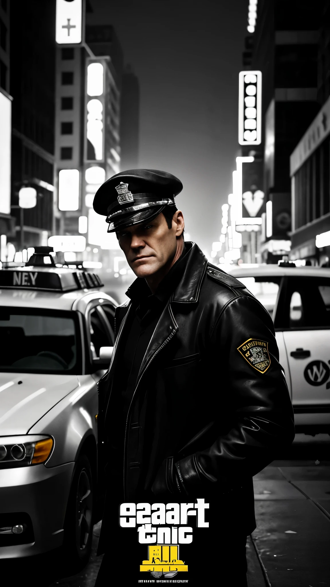 create a gta 5 loading screen artwork of Jim Carrey wearing an NYPD uniform. The setting is 2049, Cyberpunk New York City. Take reference from all GTA artwork. Make it detailed and dramatic with studio lighting. Take reference from Max Payne series artwork. Setting is New York City wintertime. The mood is noir and dramatically melancholic. Add snow to the image and yellow cab taxi in the background. Convey a sense of grief and vengeance. Make it moody and cold and sad. Make it in 16K resolution, HD, detailed extremely. Make it scary. photorealistic. Film camera effect. Kodak film filter. Noir film effect.