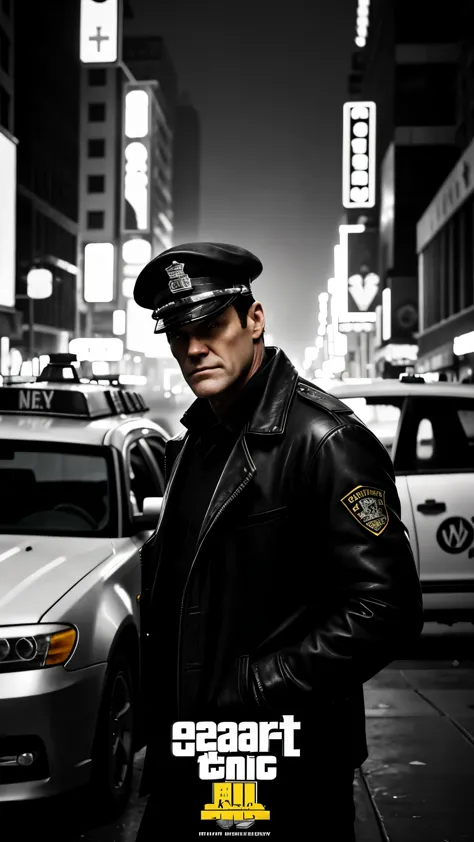 create a gta 5 loading screen artwork of Jim Carrey wearing an NYPD uniform. The setting is 2049, Cyberpunk New York City. Take ...