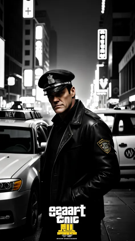 create a gta 5 loading screen artwork of jim carrey wearing an nypd uniform. the setting is 2049, cyberpunk new york city. take ...