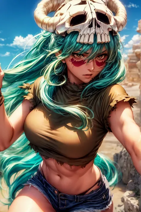 detailed emerald green hair，detailed brown eye，detailed face，skull on the head，highres，32K，fighting expression