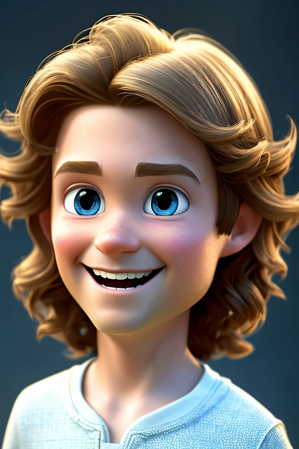 Eine freudige Darstellung von Jesus Christus als Junge mit einem animierten, zu Berge stehende Frisur, Vor einem makellos weißen Hintergrund, Tom-ähnlicher Charme, Animation im Pixar-Stil, hochauflösendes 3D-Rendering, Aufwendig detailliertes Gesicht, und asymmetrische Komposition, 16k Auflösung.