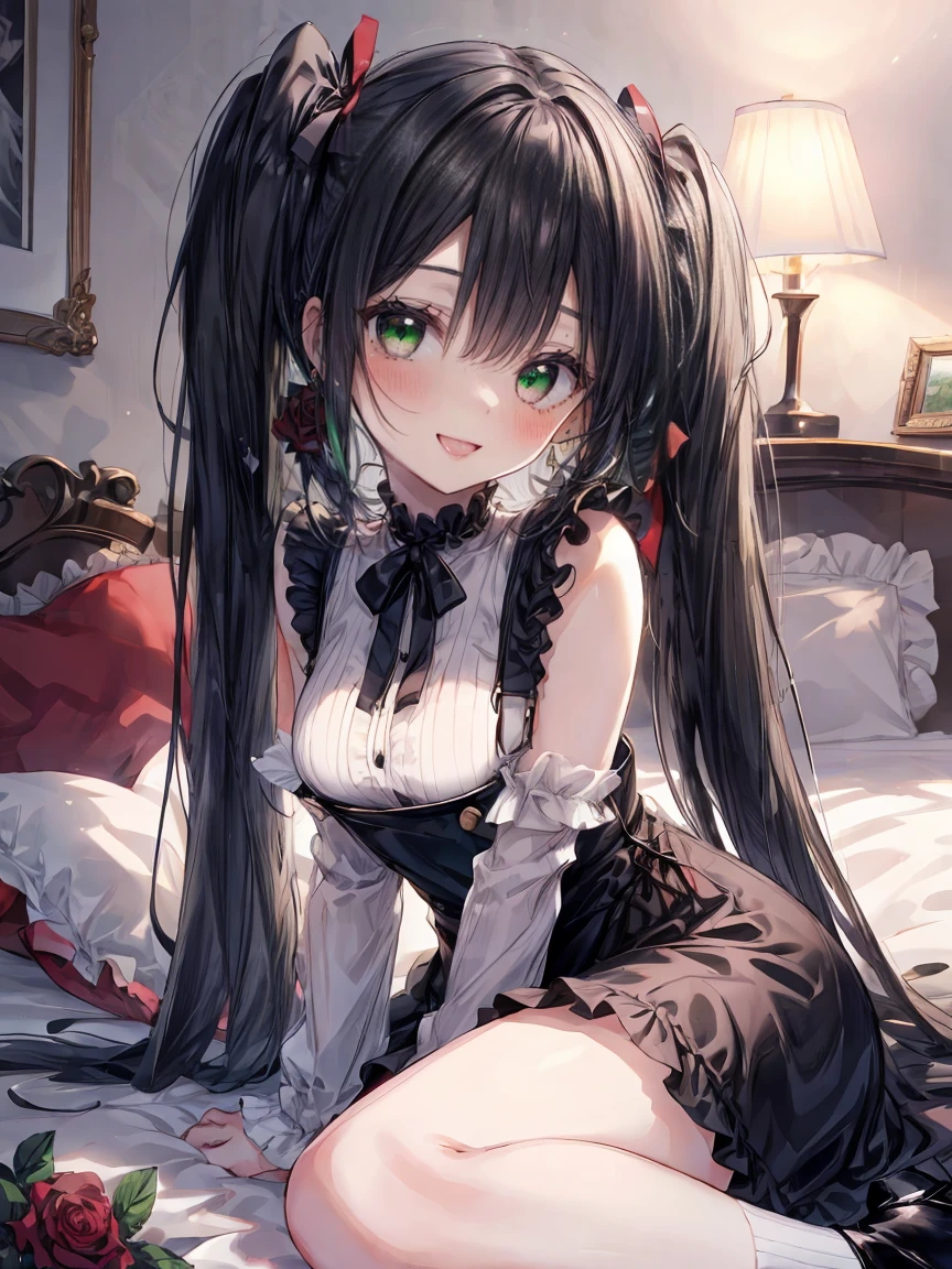 ((8K masterpiece,highest quality)), ultra high resolution, hyper detail, (1 girl), beautiful face, beautiful and delicate eyes,((green eyes)),Big eyes,shining eyes of light,Thin and long eyelashes,detailed light,((black hair)),((Bangs Patsun)),((long twintails)),big breasts,thin waist,slender body,big thighs,blush,(grinning smile),troubled face,(please open your mouth wide),black gothic lolita overalls,red pumps,red earrings,Rose,Ribbon hair fastening,bed,cute,((Monotone room)),Kinky beauty,Danmei,Inside the castle,Princess,(((Lie down with your arms as pillows))),lure,provocation,motion blur,Depth of written boundary,spectacular panoramic view,Angle from the side