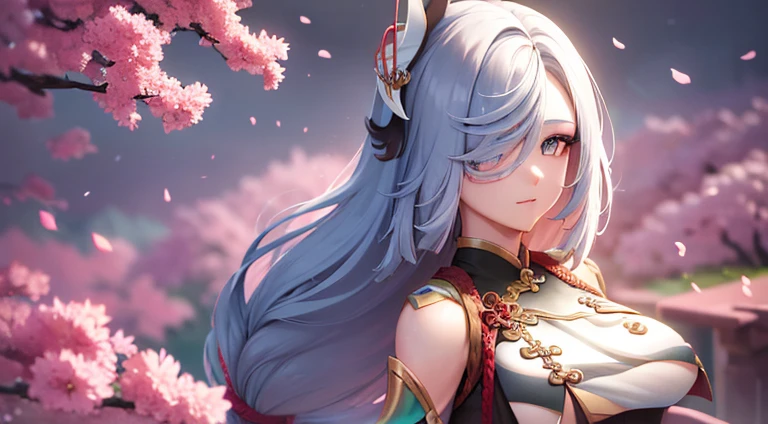 (best quality,4k,8k,highres,masterpiece:1.2),ultra-detailed,(realistic,photorealistic,photo-realistic:1.37), Shenhe with her Bunnysuit, vibrant, dynamic, illustrative,anime,cute, action-packed, captivating, breathtaking scenery, cherry blossom trees, immersive, mystical lighting, intricate detailing, eye-catching, stunning contrast, intense colors, celestial background, kinetic energy, powerful poses, elegant movement, fluid animation, enchanted atmosphere, magical effects, detailed facial features, expressive eyes and lips, flowing hair, attention to clothing folds, bunny ears, fluffy tail, intense gaze, confident aura, radiant smile, dramatic shadows, realistic portrayal, graceful motion, vivid textures, ethereal aura, cherry blossoms petals swirling in the air, cinematic composition, dynamic angles, vivid pink color palette, realistic rendering of fabric, delicate embroidery, decorative accessories, vibrant with life, atmospheric environment, immersive fantasy world, enchanting fusion of beauty and action, electrifying presence, narrative storytelling.