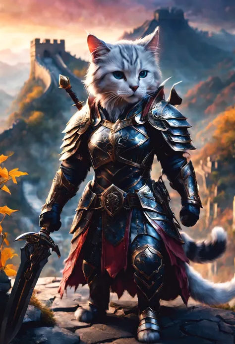official art, unified 8k wallpaper, super detailed, Beautiful and beautiful, masterpiece, best quality, Costume animals page, Dirk Fintas，watching a film《lord of the ring》style of，Real-world scenarios，Epic war scenes，(cute cat warrior:1.2), (whole body), P...