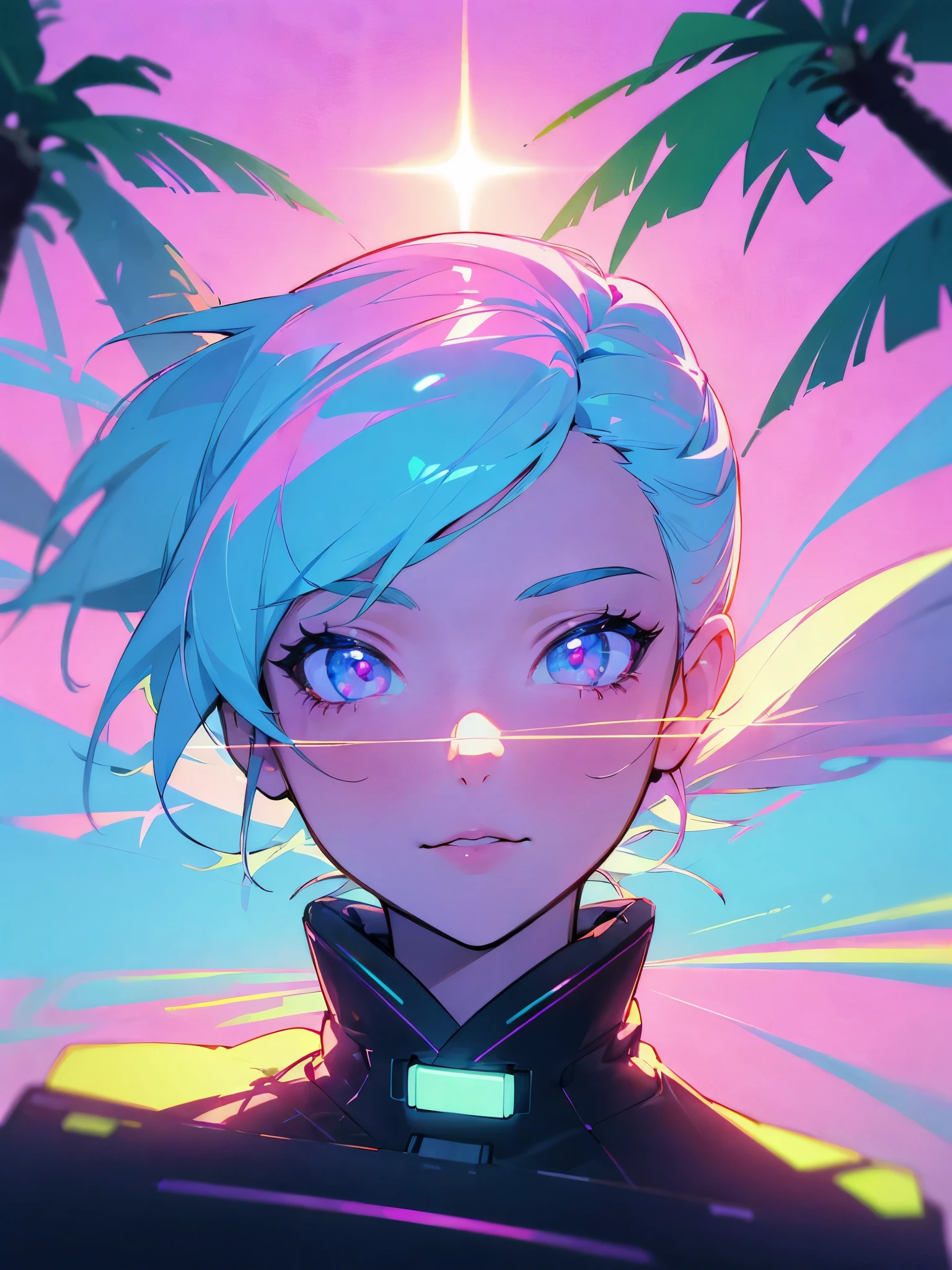 best quality,highres,vivid colors,ultra-detailed,portrait style,vaporwave aesthetic,neon lights,80s vibes,synthesizer sound,retro technology,futuristic cityscape,palm trees,sunset beach,glitch effect,digital art,floating geometric shapes