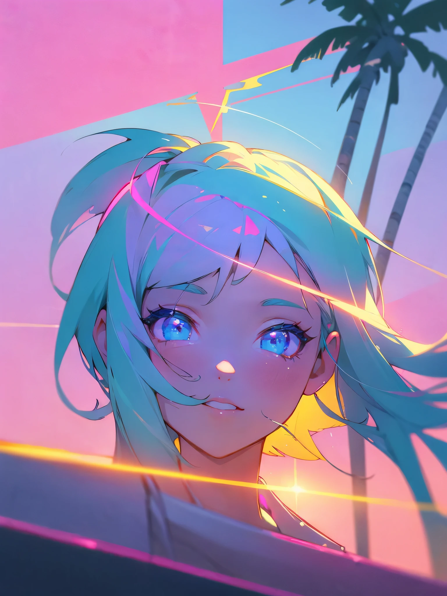 best quality,highres,vivid colors,ultra-detailed,portrait style,vaporwave aesthetic,neon lights,80s vibes,synthesizer sound,retro technology,futuristic cityscape,palm trees,sunset beach,glitch effect,digital art,floating geometric shapes