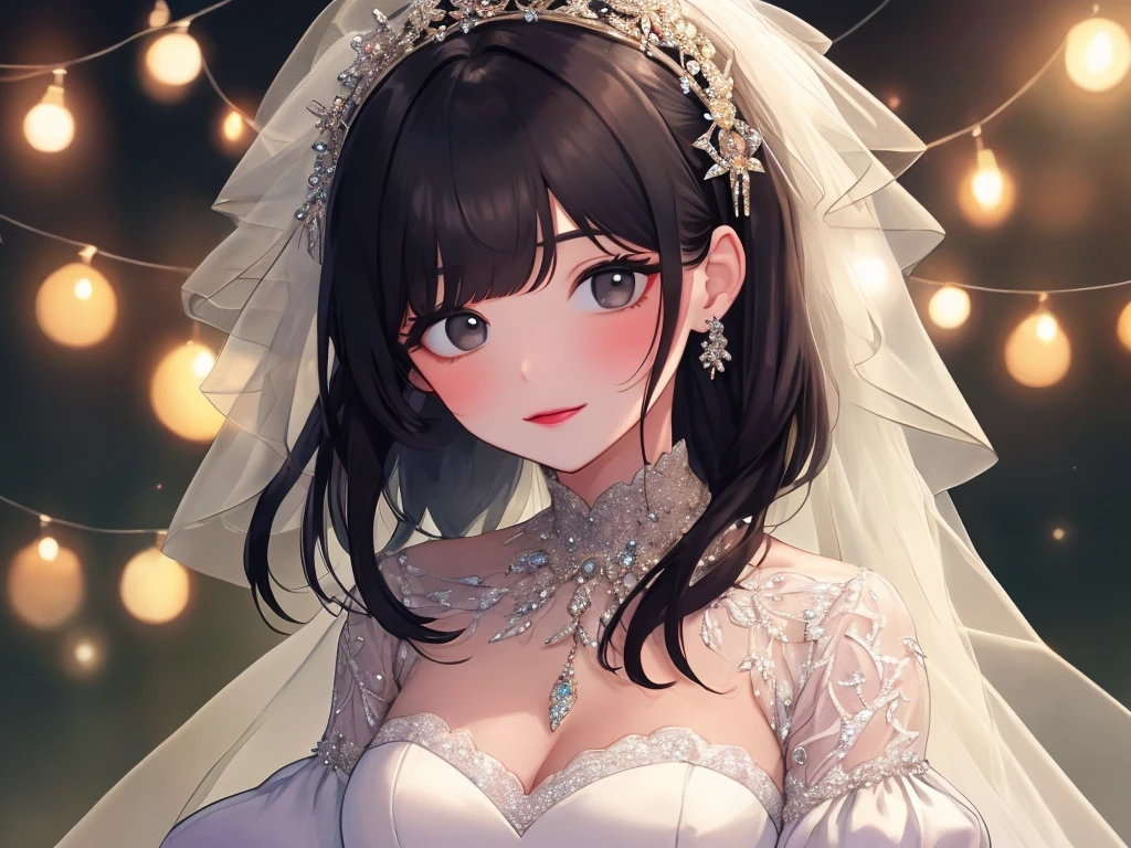 A slightly plump woman,black hair,bangs,wearing makeup,small black eyes,wearing a wedding dress with sleeves,I&#39;m embarrassed,Sparkling,Upper body,Quiet personality,look up,chest is small