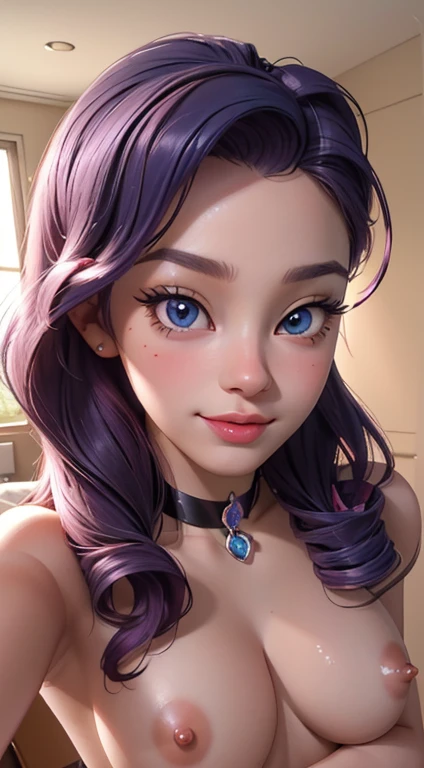 UNICODE(masterpiece, best quality:1.2),&lt;�lora:mlp_rarity-10:1&gt;,cowboy shot,female,solo,1girl,mlprarity,smile,,hands on hips,hair ornament,jewelry,bracelet,highres,masterpiece,perfect ligthing,bloom,cinematic lighting,adult,perfect skin,choker,detailed eyes,blue eyes,choker,sensual,pink lips,((glossy lips)),pursed lips,pink pumps,glossy skin,oily skin,beautiful light,(day:1.3),bright,looking at viewer, college dorm, college pennant on wall, naked body, nude breasts, exposed tits, , sexy, taking a selfie, medium breasts, curvy, completely naked, sex party,laying down on bed, looking at phone, puckered lips, phone held far from body, big diamond studs through aereolas, ((Camera Close)),((Glamour Portrait)),(upper body), 18 year old woman,large nipple-piercing, nipple clamps
