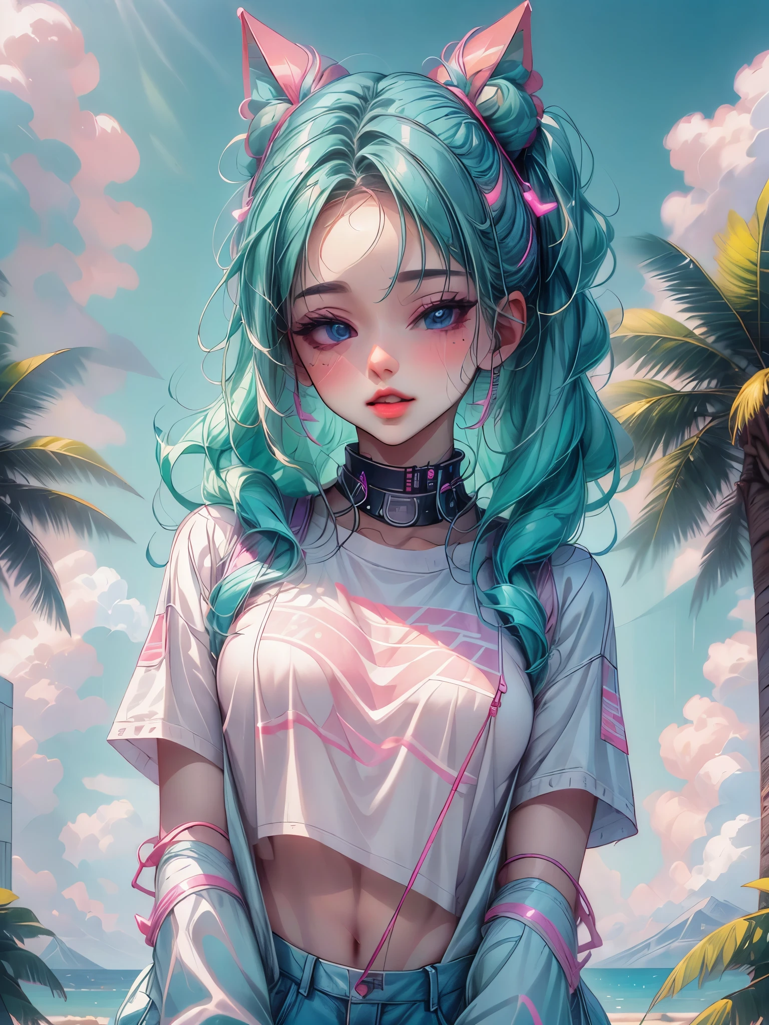 best quality,highres,vivid colors,ultra-detailed,portrait style,vaporwave aesthetic,neon lights,80s vibes,synthesizer sound,retro technology,futuristic cityscape,palm trees,sunset beach,glitch effect,digital art,floating geometric shapes
