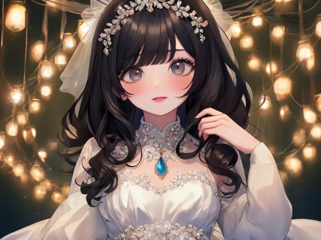 A slightly plump woman,curling black hair,bangs,wearing makeup,small black eyes,wearing a wedding dress with sleeves,I&#39;m embarrassed,Sparkling,Upper body,Quiet personality,look up,small breasts,