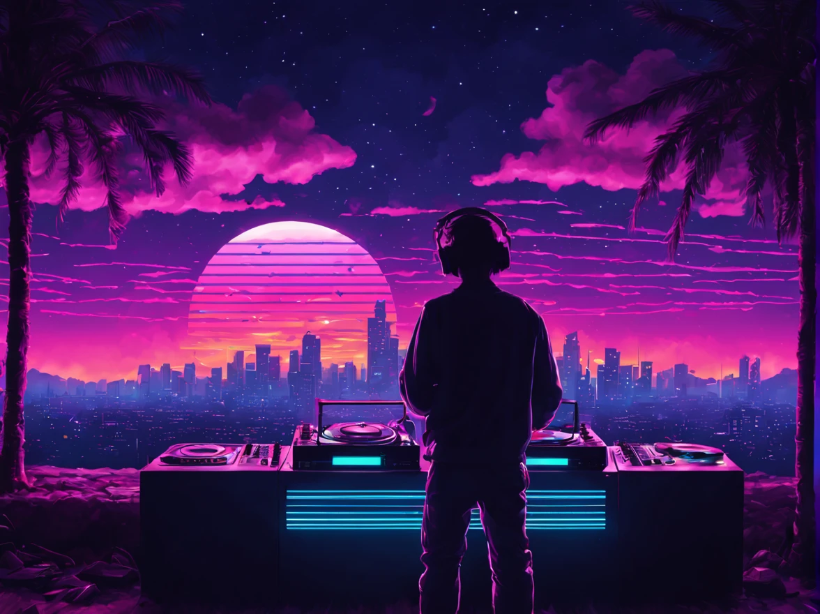 "best quality,4k,8k,highres,masterpiece:1.2,ultra-detailed,realistic:1.37,vivid colors,bokeh,HDR,UHD,studio lighting,ultra-fine painting,sharp focus,physically-based rendering,extreme detail description,professional"

Vaporwave Aesthetic style, silhouette of a DJ, lines and lines, silhouette of several musical notes suspended in the air and (an eighties DJ and his Pioneer dj set), vintage, magic, portraits, landscape, photography, concept artists, neon lights, pastel colors, dreamlike atmosphere, retro-futuristic vibes, digital glitch art, holographic effects, floating clouds, reflecting surfaces, chrome elements, 80s arcade game graphics, palm trees, pink and purple color scheme, city skyline, glowing sunsets, geometric shapes, pixel art, surrealistic elements, cyberpunk influences, nostalgic vibes, cassette tapes, psychedelic visuals, surreal landscapes, glitched-out visuals, vibrant and saturated colors, surreal sunsets, dreamy clouds, sunrays filtering through clouds, sparkling stars, disco ball, groovy beats, nostalgic atmosphere, nostalgic music, ethereal and magical ambiance, retro synthesizers, glowing city lights, dynamic motion, intricate details, expression of escapism.