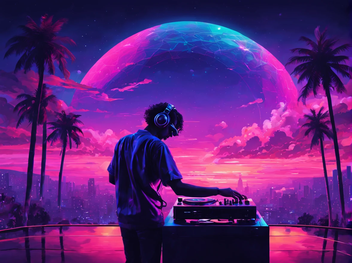 "best quality,4k,8k,highres,masterpiece:1.2,ultra-detailed,realistic:1.37,vivid colors,bokeh,HDR,UHD,studio lighting,ultra-fine painting,sharp focus,physically-based rendering,extreme detail description,professional"

Vaporwave Aesthetic style, silhouette of a DJ, lines and lines, silhouette of several musical notes suspended in the air and (an eighties DJ and his Pioneer dj set), vintage, magic, portraits, landscape, photography, concept artists, neon lights, pastel colors, dreamlike atmosphere, retro-futuristic vibes, digital glitch art, holographic effects, floating clouds, reflecting surfaces, chrome elements, 80s arcade game graphics, palm trees, pink and purple color scheme, city skyline, glowing sunsets, geometric shapes, pixel art, surrealistic elements, cyberpunk influences, nostalgic vibes, cassette tapes, psychedelic visuals, surreal landscapes, glitched-out visuals, vibrant and saturated colors, surreal sunsets, dreamy clouds, sunrays filtering through clouds, sparkling stars, disco ball, groovy beats, nostalgic atmosphere, nostalgic music, ethereal and magical ambiance, retro synthesizers, glowing city lights, dynamic motion, intricate details, expression of escapism.