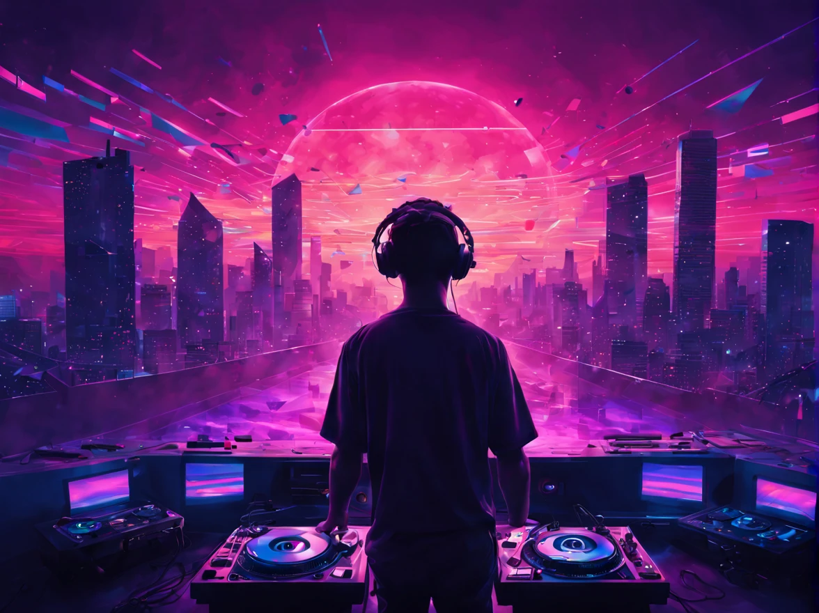 "best quality,4k,8k,highres,masterpiece:1.2,ultra-detailed,realistic:1.37,vivid colors,bokeh,HDR,UHD,studio lighting,ultra-fine painting,sharp focus,physically-based rendering,extreme detail description,professional"

Vaporwave Aesthetic style, silhouette of a DJ, lines and lines, silhouette of several musical notes suspended in the air and (an eighties DJ and his Pioneer dj set), vintage, magic, portraits, landscape, photography, concept artists, neon lights, pastel colors, dreamlike atmosphere, retro-futuristic vibes, digital glitch art, holographic effects, floating clouds, reflecting surfaces, chrome elements, 80s arcade game graphics, palm trees, pink and purple color scheme, city skyline, glowing sunsets, geometric shapes, pixel art, surrealistic elements, cyberpunk influences, nostalgic vibes, cassette tapes, psychedelic visuals, surreal landscapes, glitched-out visuals, vibrant and saturated colors, surreal sunsets, dreamy clouds, sunrays filtering through clouds, sparkling stars, disco ball, groovy beats, nostalgic atmosphere, nostalgic music, ethereal and magical ambiance, retro synthesizers, glowing city lights, dynamic motion, intricate details, expression of escapism.