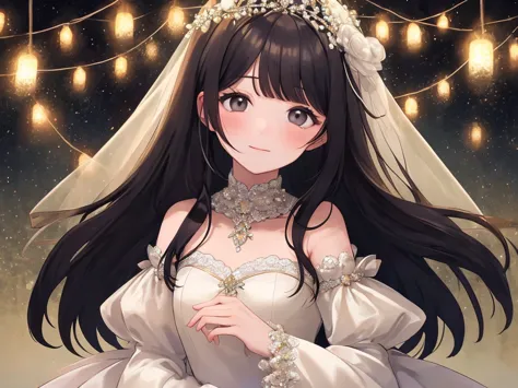 A slightly plump woman,has long black hair,bangs,wearing makeup,small black eyes,wearing a wedding dress with sleeves,I&#39;m em...