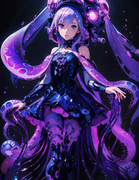 masterpiece, white backhround, beautiful, woman in a blue and white outfit with, fine details, anime, tentacles, Yoshitaka Amano...
