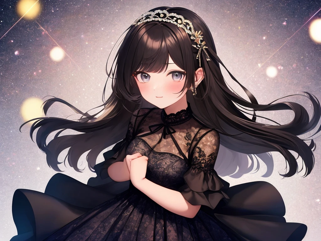 A slightly plump woman,curling long black hair,bangs,lace dress,light makeup,Sparkling backgrounds,small breasts,straight face