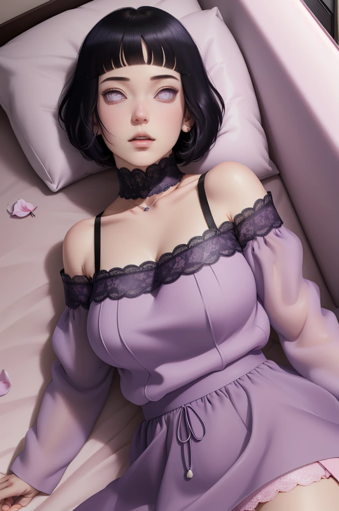 (masterpiece) (huge titusty, masterpiece, absurdres, hinata\(boruto\), 1girl, solo,mature female, off-shoulder bra, high waist short skirt, looking at viewelling petals), perfect composition, detailed lips, big breast, beautiful face, body propotion, blush, (pink lips), short hair, (black hair), purple eyes, soft gaze, super realistic, detailed, photoshoot, realistic face and body, closed mouth, laying on the bed , lilac eyes, full body, lace clothes,  with chin resting on shoulder