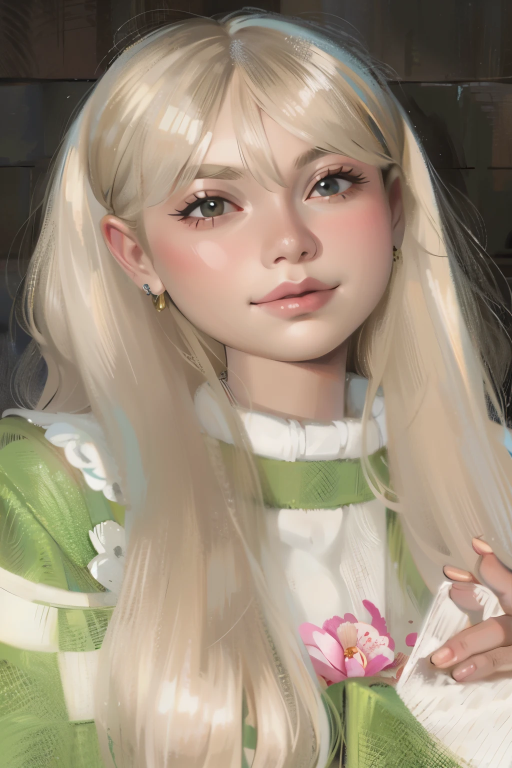 A close-up of a person with long blonde hair and a green sweater, peinado de corte hime blanco, pelo largo y blanco y flequillo, ulzzang, flequillo blanco, bella delfina, su cabello es blanco, very very pale blonde hair, con el pelo largo y blanco, extremely pale blonde hair, con pelo largo y blanco, parque roseanne de blackpink, Pale fur