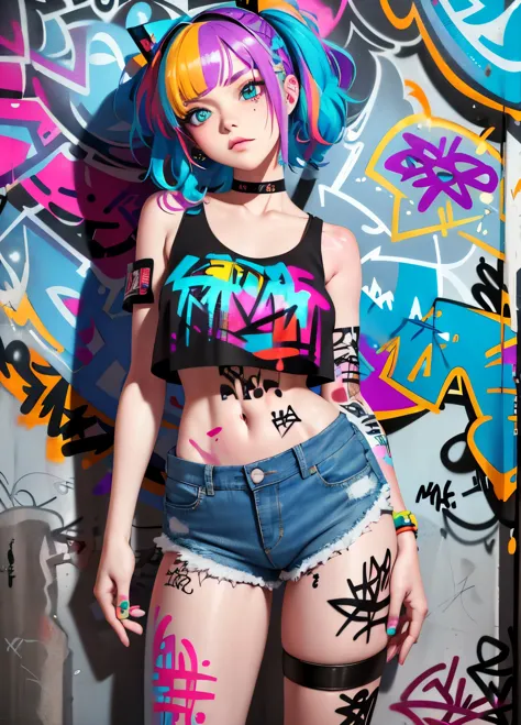 infantile, daddy issues, mean, masterpiece, best quality, 1girl, solo, crop top, denim shorts, choker, (graffiti:1.5), paint spl...